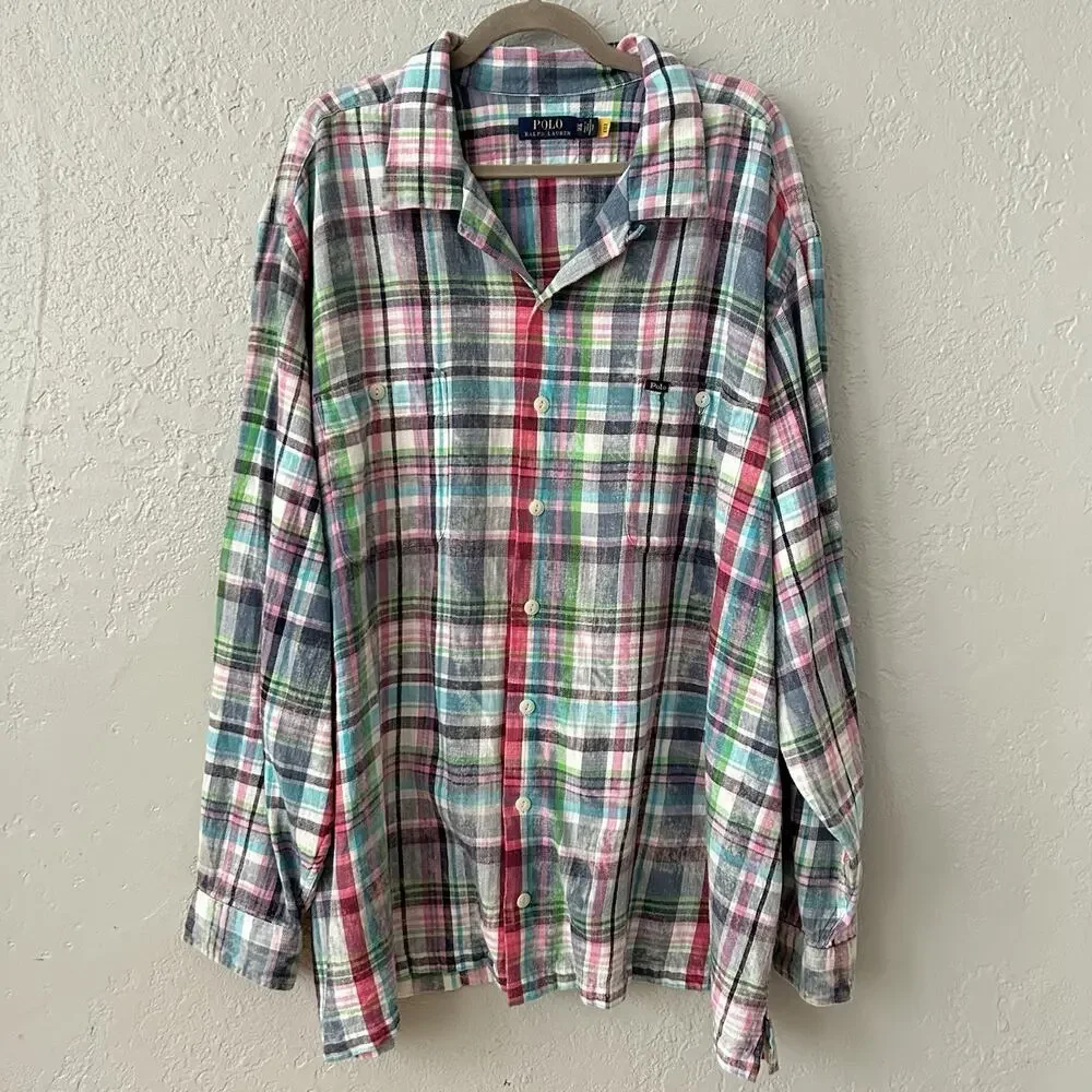 Polo Ralph Lauren 3XB Big Tall Plaid Flannel Shirt Distressed Faded Pink Blue